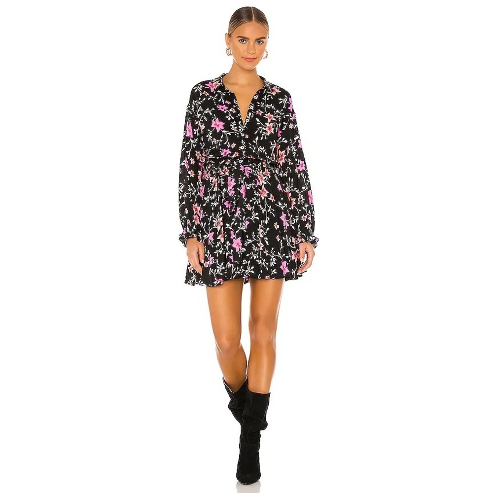 Free People Women's Lighten Up Mini Dress Smocked Waist Button Front Floral M